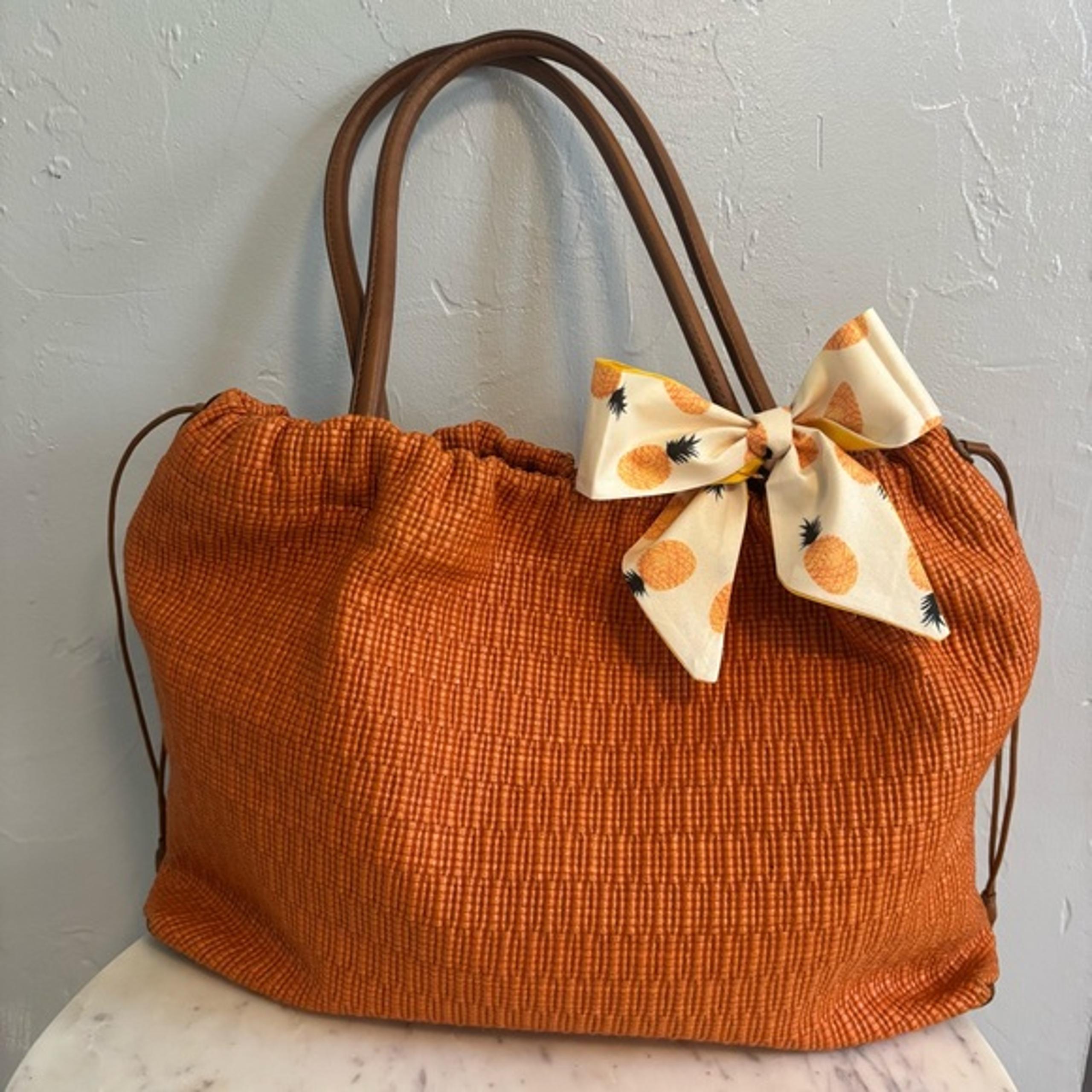 Furla Orange Shoulder Bag with Brown Handles Cinch Strap Tote Textured Fabric