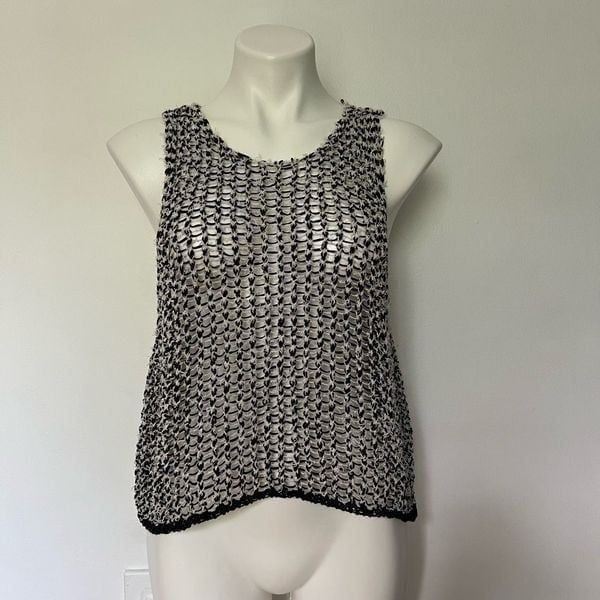 Eileen Fisher open knit black and white sleeveless crop top