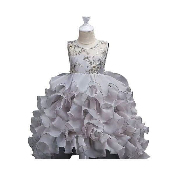 NWT girls puffy grey girly party dress, high low hem size 4/5 years