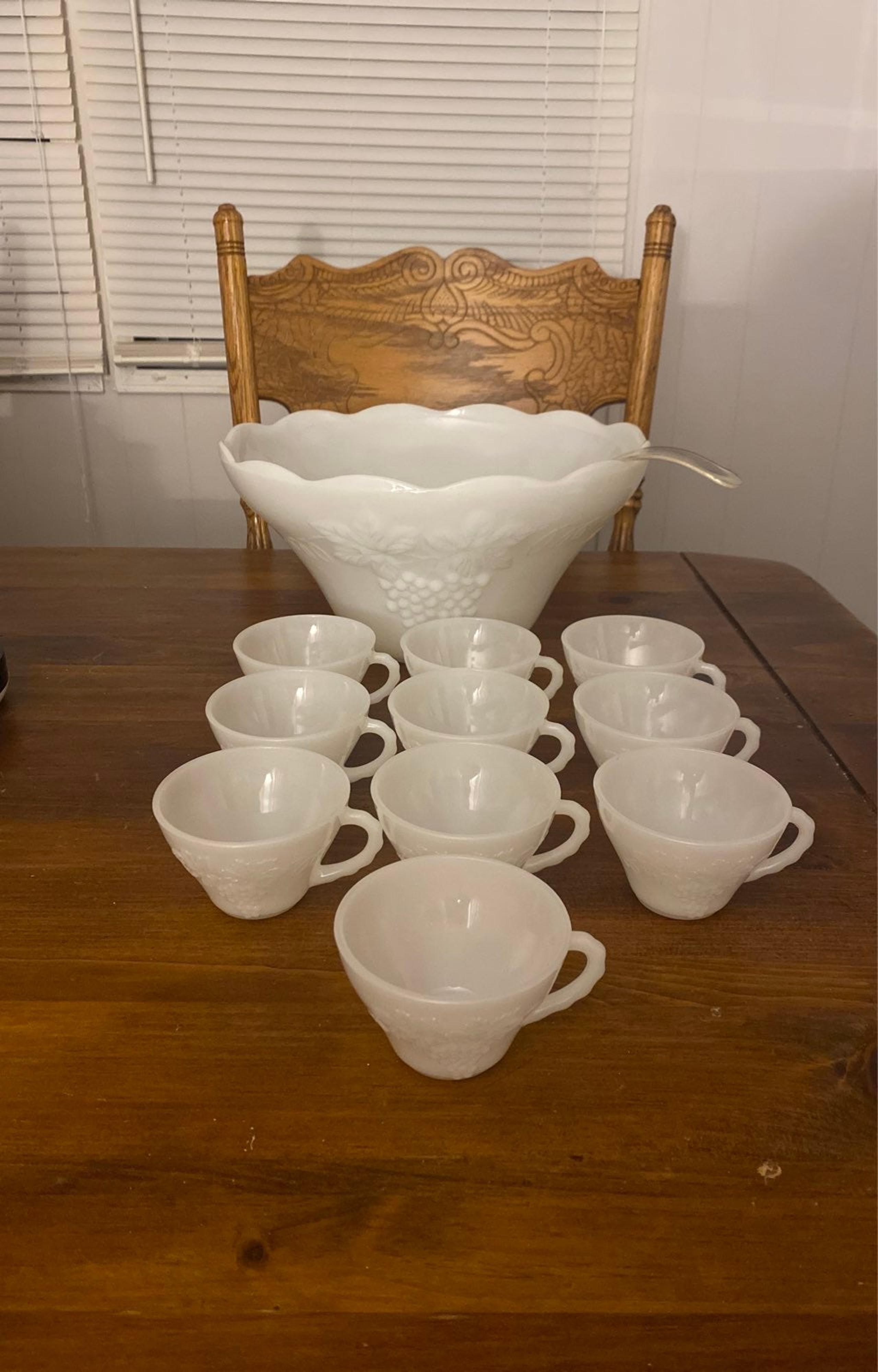 Vintage Anchor Hocking Milk Glass Grape Design Punch Bowl