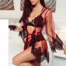 NWTLace Trim Sheer Lingerie Ribbon Robe Black