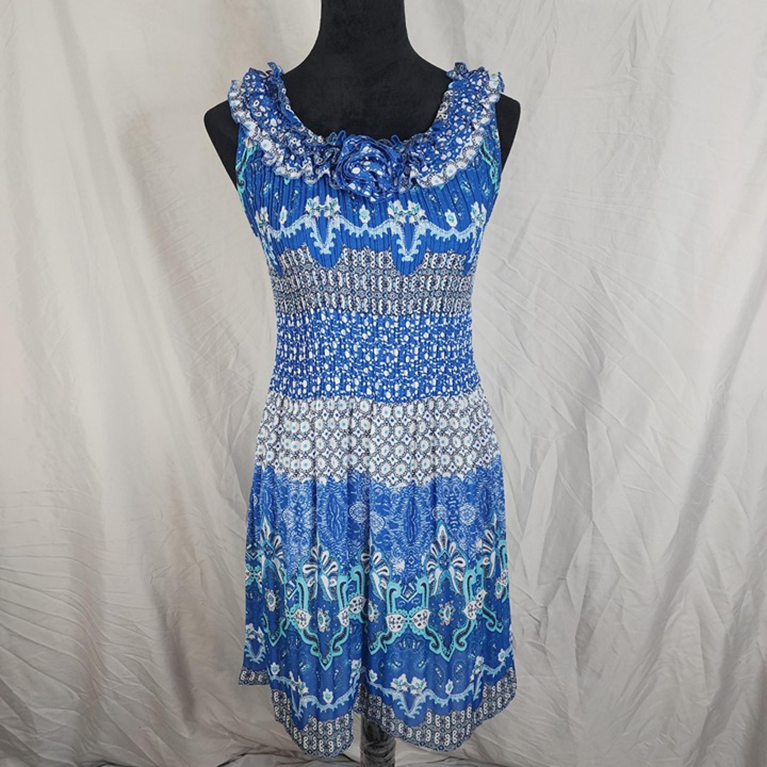 SUNNY LEIGH Size Small Blue Floral Sleeveless Pleated Rosette Ruffled Dress