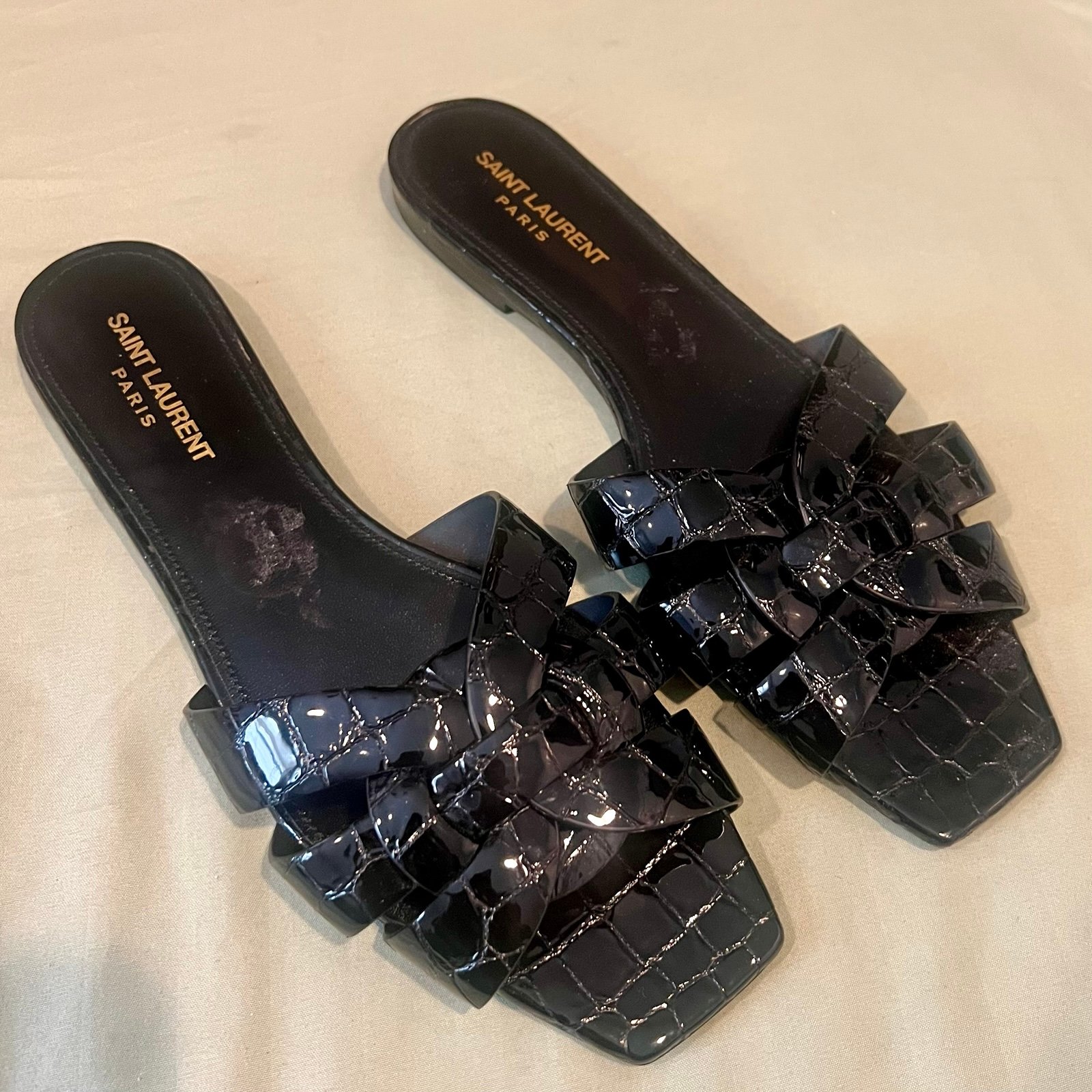 Saint Laurent Tribute Croco Flat Slide Sandals