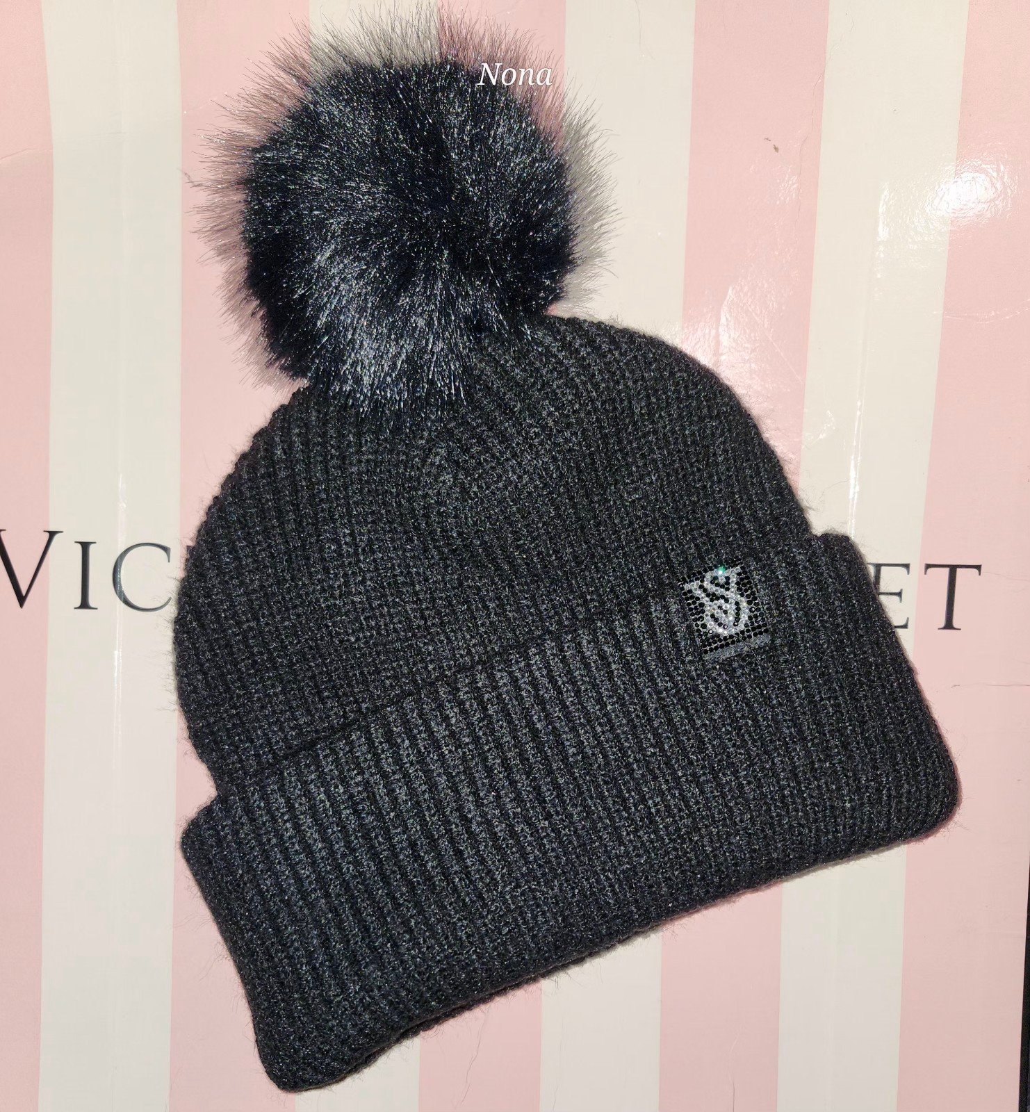 VICTORIA SECRET BLING PATCH POM BEANIE NWT