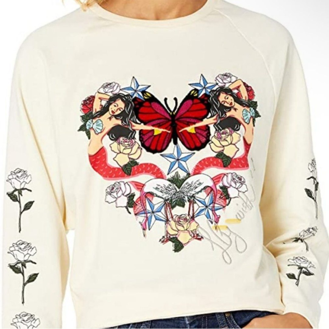 Desigual Serene Ivory Heart Sweatshirt with Roses Mermaids Butterfly Size Large