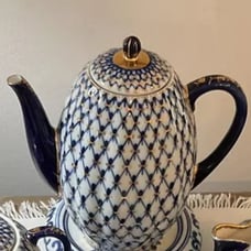 7 cup Lomonosov Porcelain Russian Imperial Colbalt Blue Net Grid Tea Coffee Pot