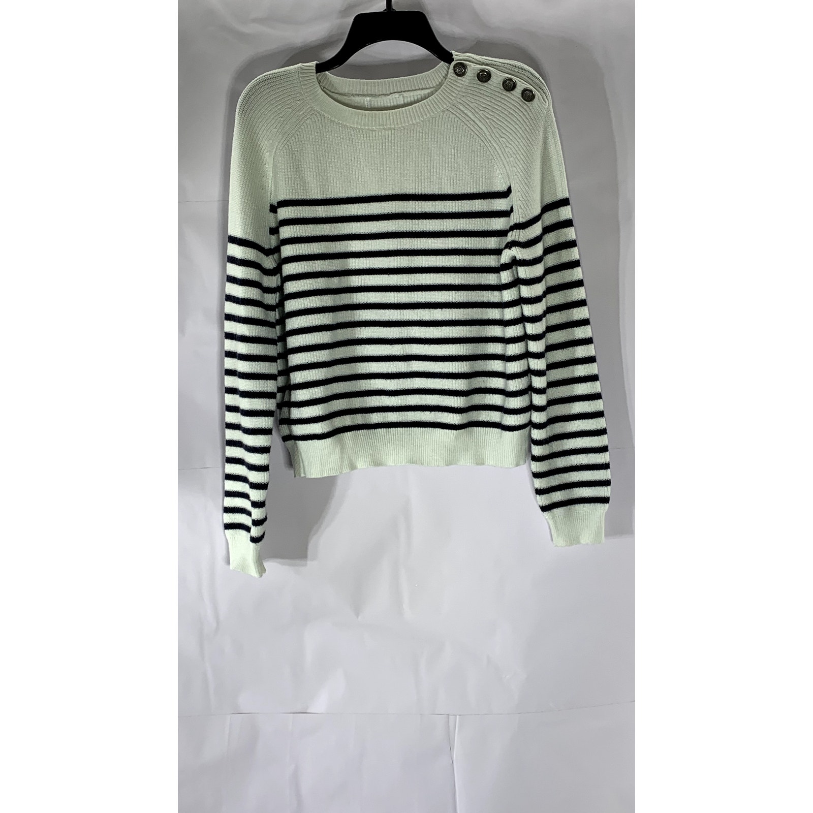 UNBRANDED Women's White-Black Striped Knit Button-Detail Wool-Blend Sweater SZXL