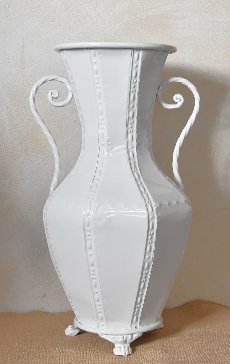 Decorative Off White Metal Vase With Handles, Refurbished Condition