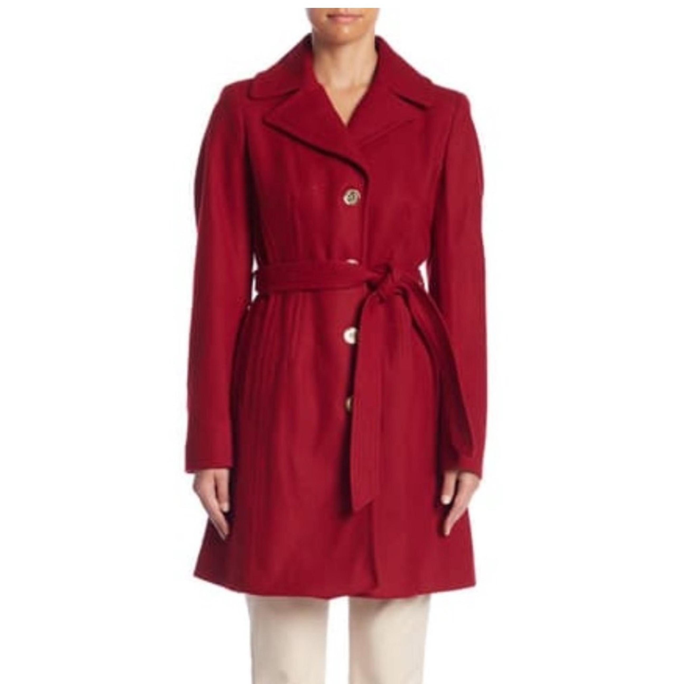 Michael Kors Women Large Red Wool/cashmere Blend Pea Coat Belted Jacket Trench