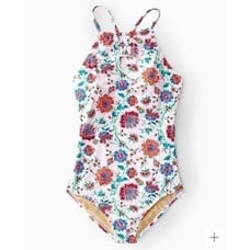 Garnet Hill Signature High-Neck Lattice One-Piece Floral Swimsuit