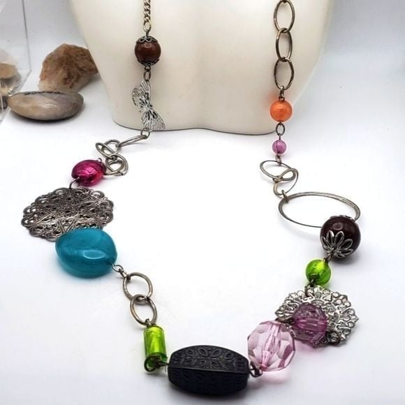 Victorian goth colorful beaded butterfly‎ necklace