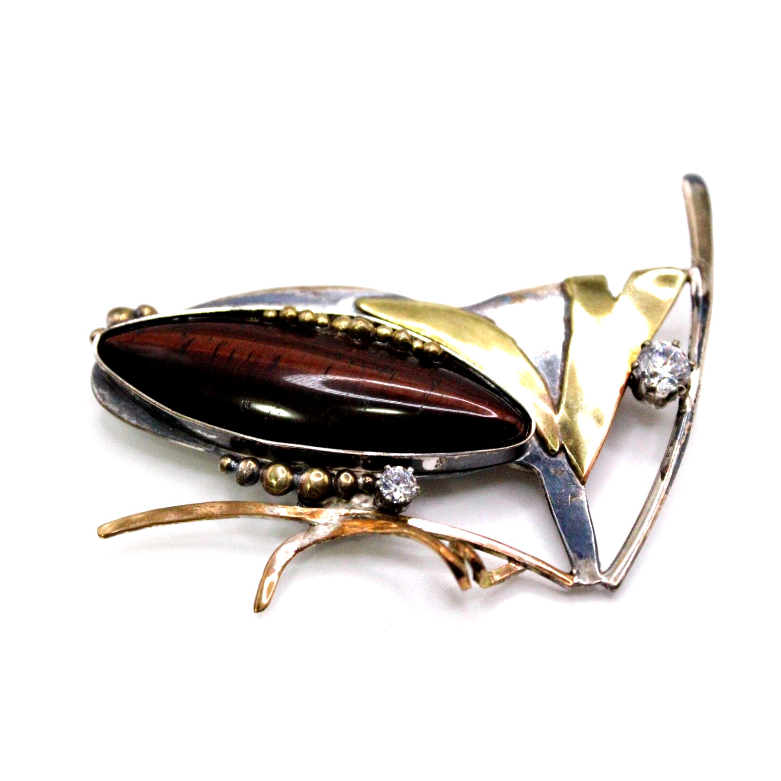 Artisan Made Mixed Materials Beetle Brooch Semi Precious Stones 925 Bronze