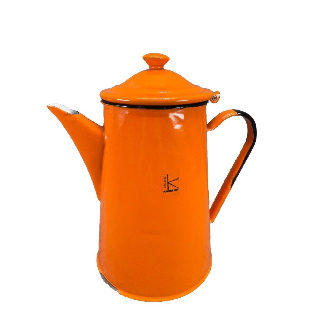 Vintage MCM Knobler Orange Enamelware Metal Coffee Pot Teapot Poland 9.5 in