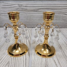 2 Taper Candle Holders 24K Gold Plated Crystal Hanging Crystals Sweden
