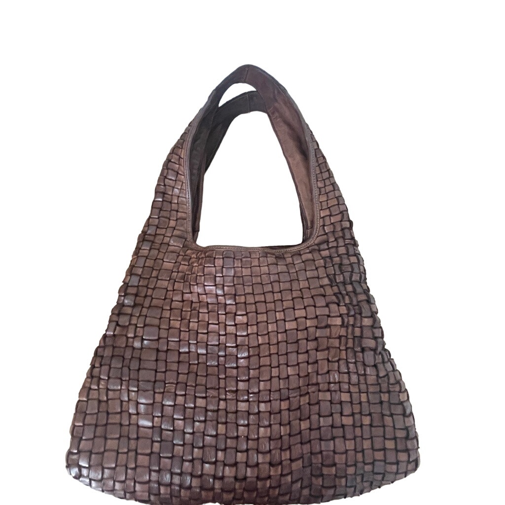 Kompanero Eilaria The Handbag Woven Brown Leather Large Shoulder Bag Cognac
