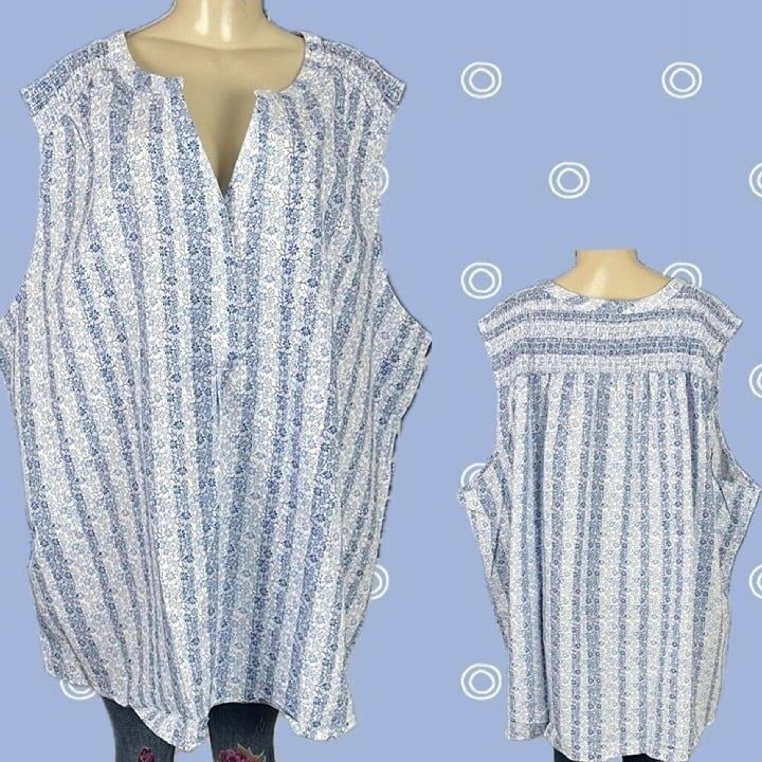 Woman Within +34/36 Blue Floral Split Neck Shirred Linen Blend Sleeveless Top