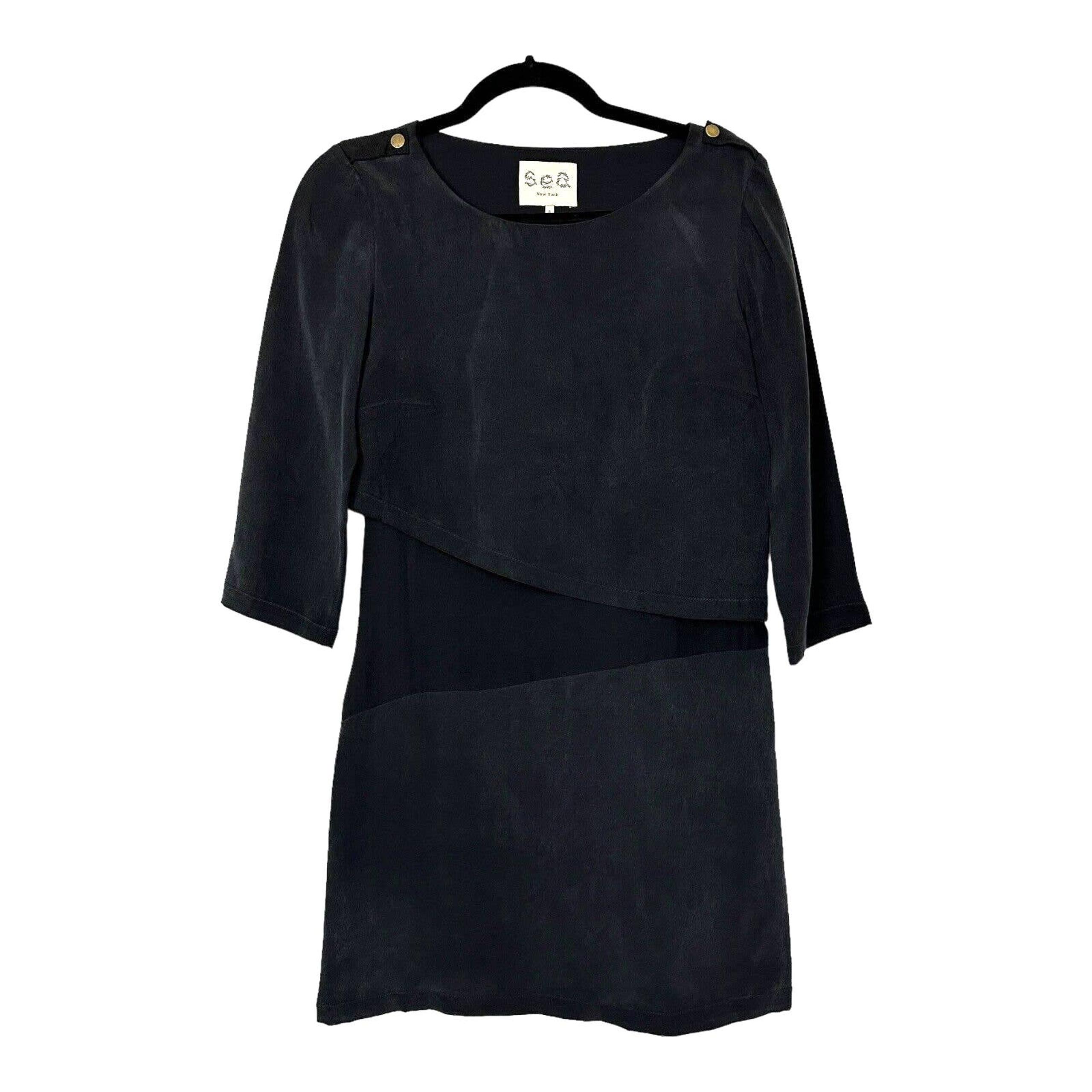 Sea New York Womens 100% Cotton Shift Dress 3/4 Sleeve Black Scoop Neck Size 0