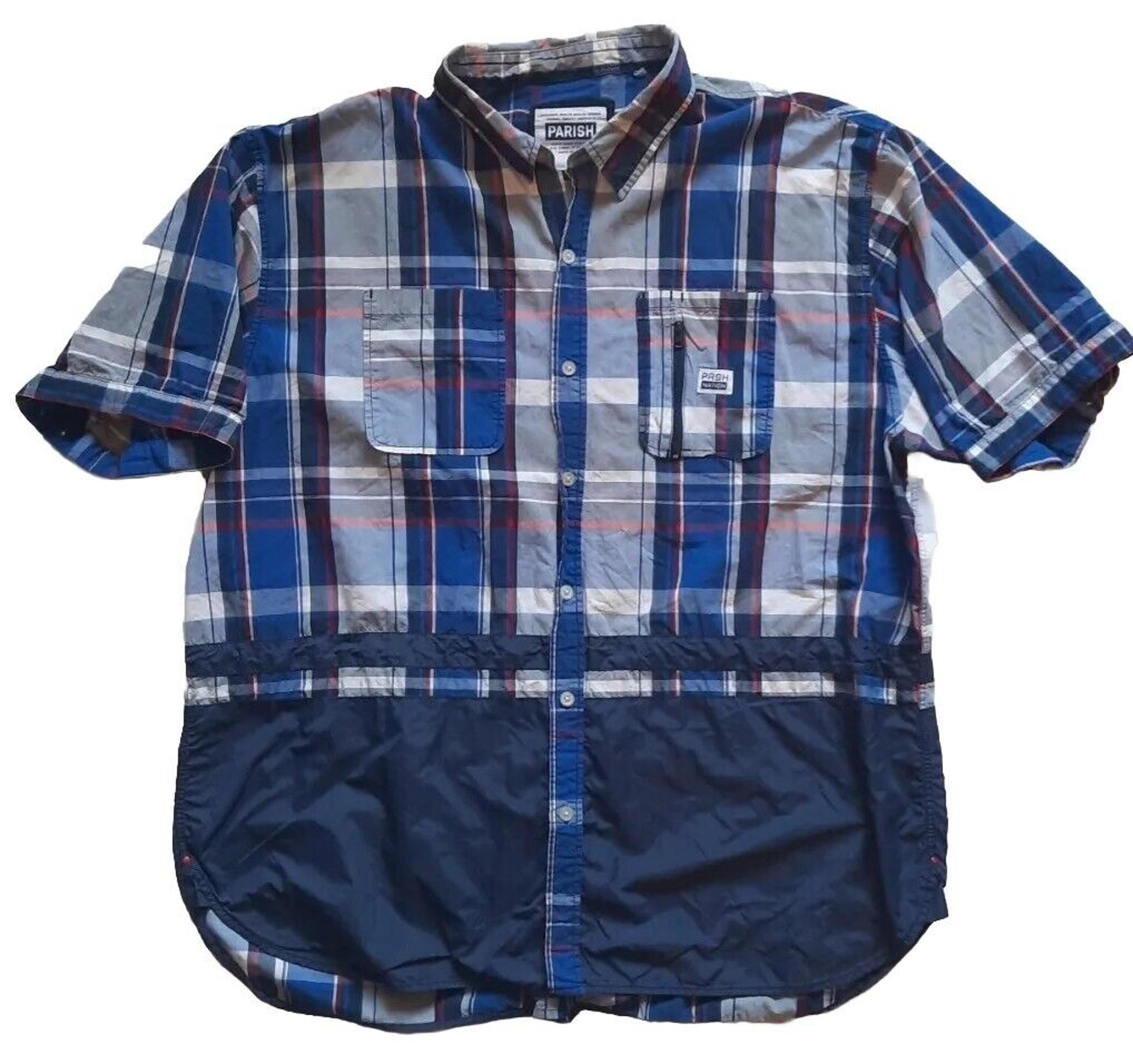 Parish Nation Blue Plaid Big & Tall Utility Button Up SS Shirt Men's Size: 4X