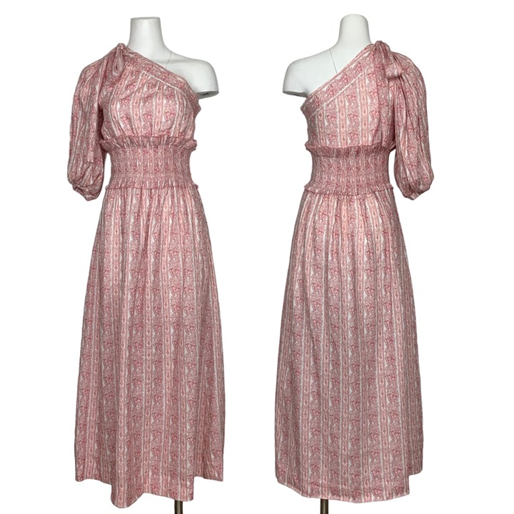 Lug Von Siga Glory Linen One Shoulder Smocked Waist Midi Dress 34 US/2 Pink Boho