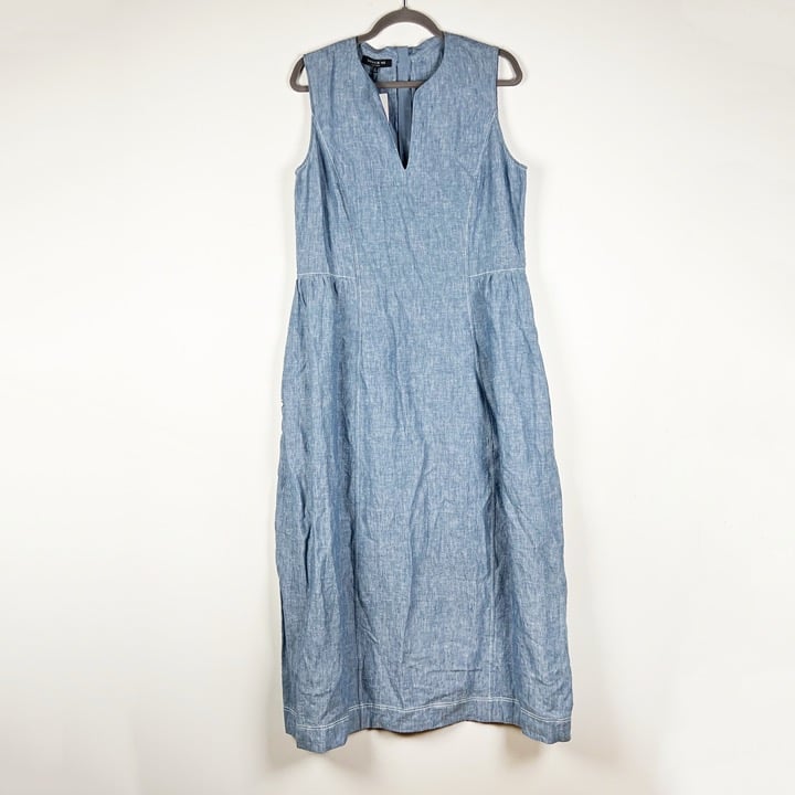 NEW Lafayette 148 Linen Lightweight Chambray V Neck Sleeveless Midi Dress Large