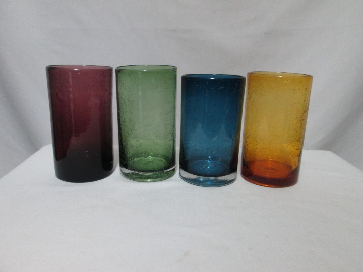 Set 4 Art Blown Glass Artisan Handmade tumblers 5.5 tall blue amber green NEW