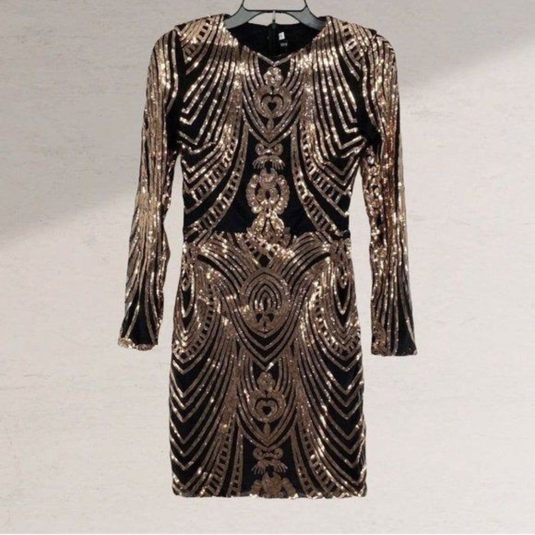 XL(12/14) - BLACK GOLD SEQUIN GEOMETRIC PATTERN LONG SLEEVE BODYCON MINI DRESS