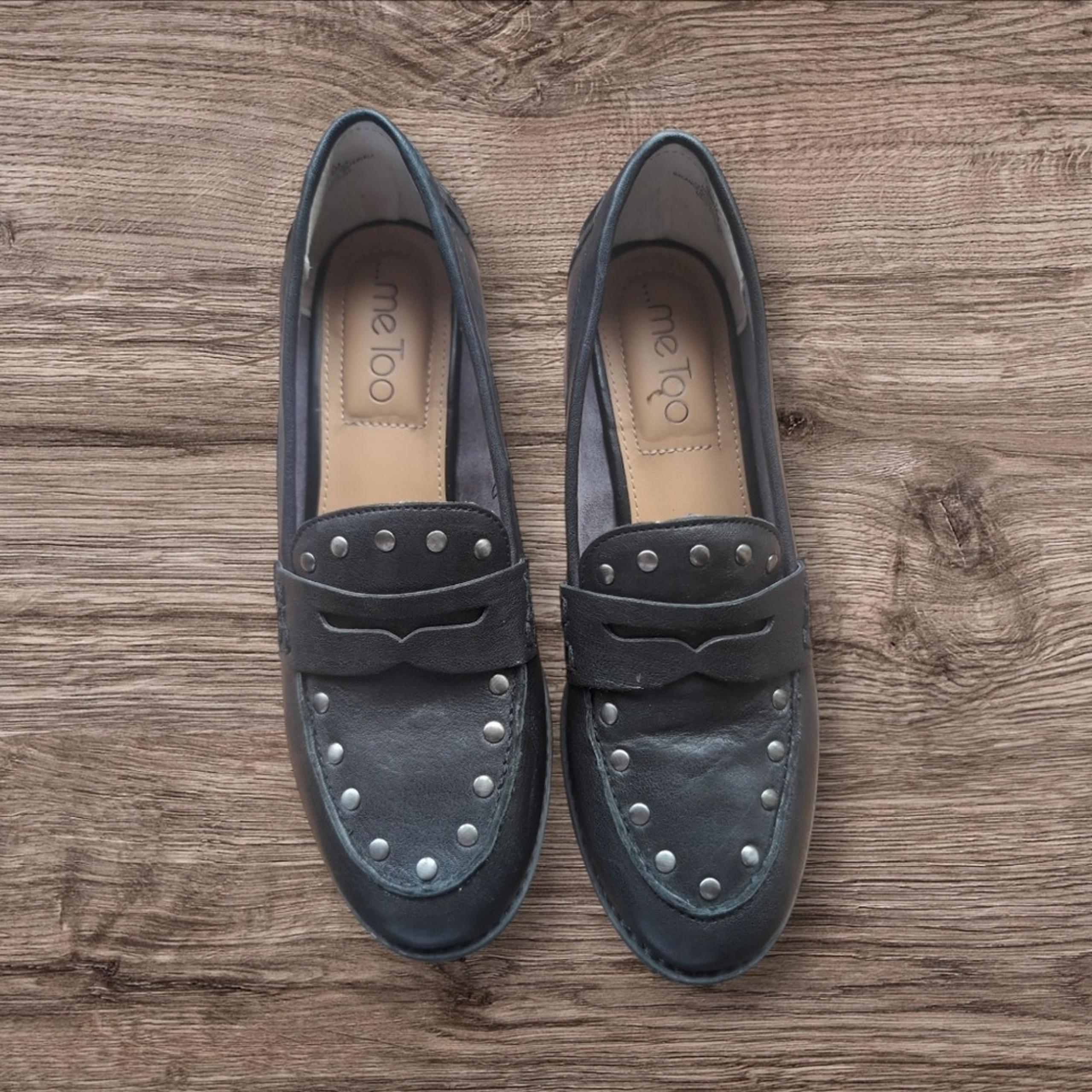 Me Too black studded slip on leather penny loafer Shoes in size 6.
