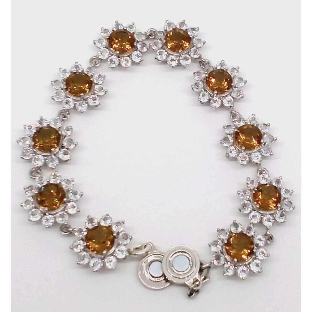 Amber Brown Gemstone Flower Bracelet 925 Sterling Silver Clear CZ Prong Sparkly!