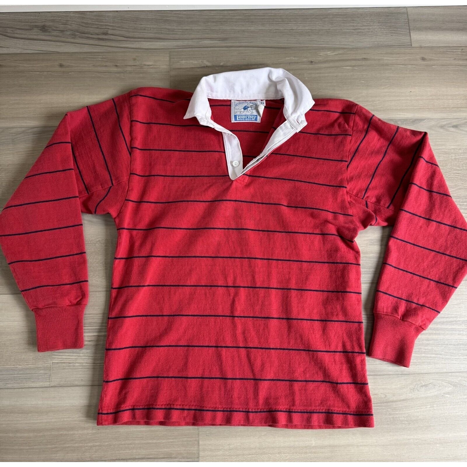 Vintage 90s Land's End Striped Long Sleeve Rugby Shirt Red Mens M Made In USA