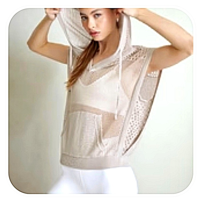 Blanc Noir Pumice Stone Crochet Pullover Sleeveless Hoodie Sz XS Relaxed Fit