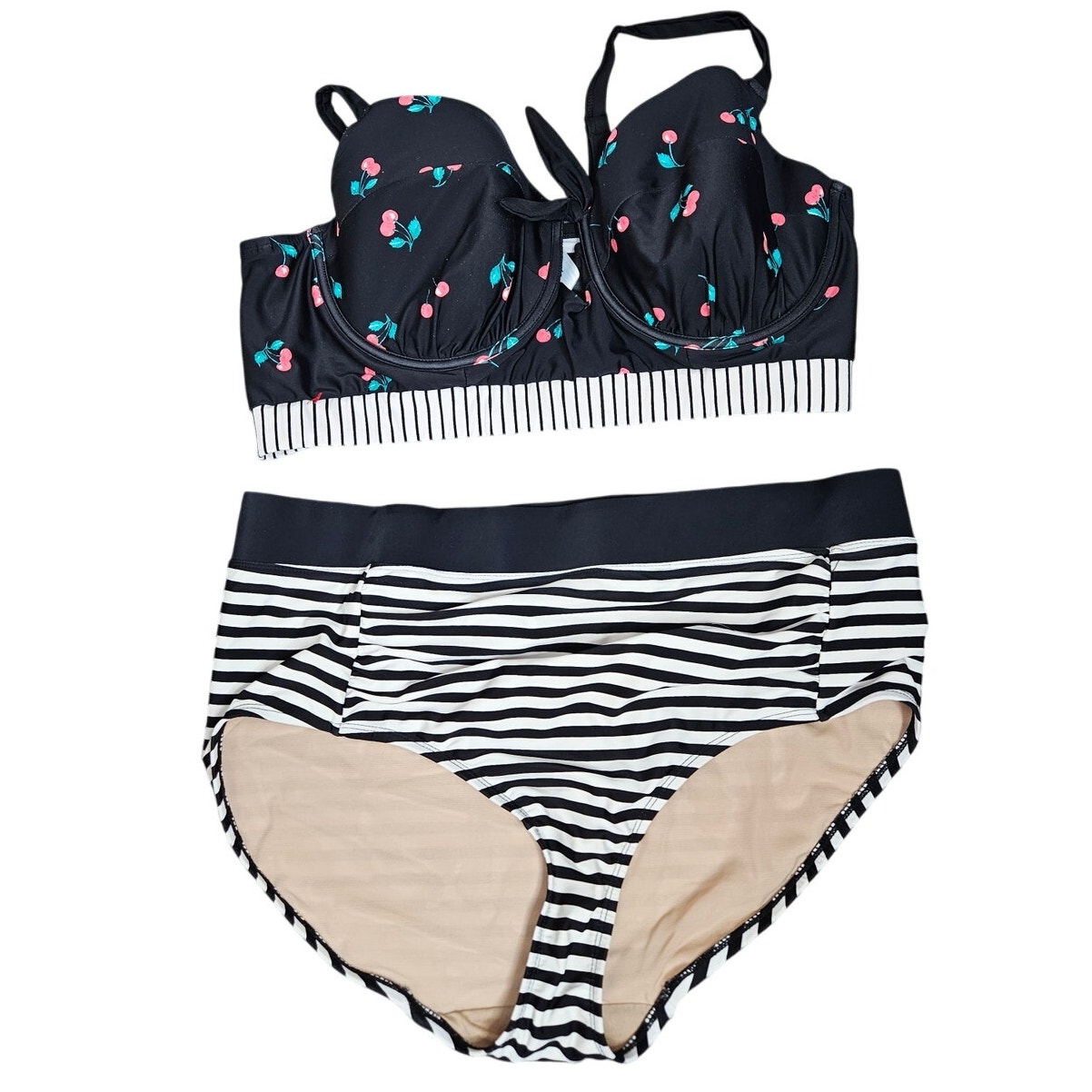 Cacique Bikini 18 42DDD Cherry Black White Striped Swimsuit Retro Pin Up
