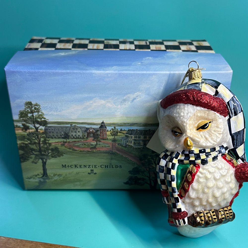 MacKenzie-Childs Sleepy Owl Christmas Ornament Glass Holiday Decor