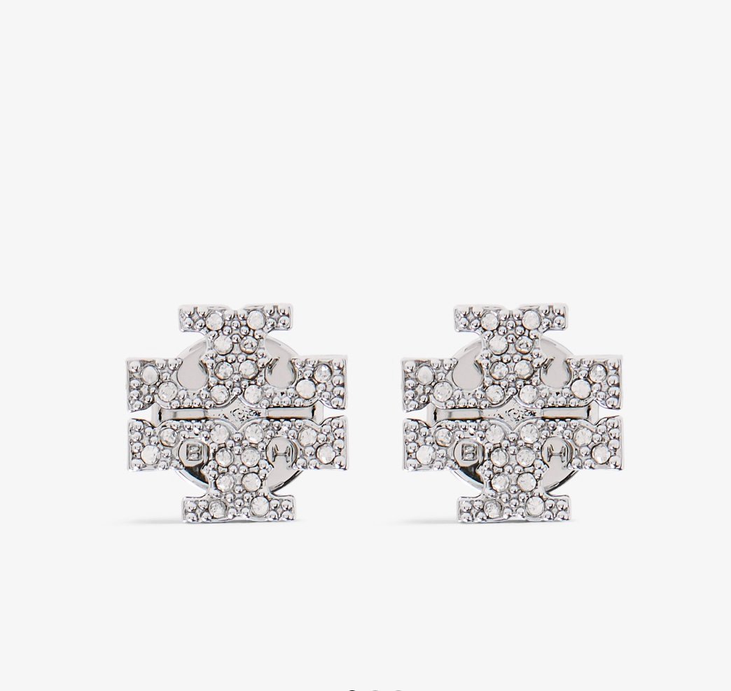 Classic Tory Burch Silver Crystal Logo Stud Earrings, NWOT