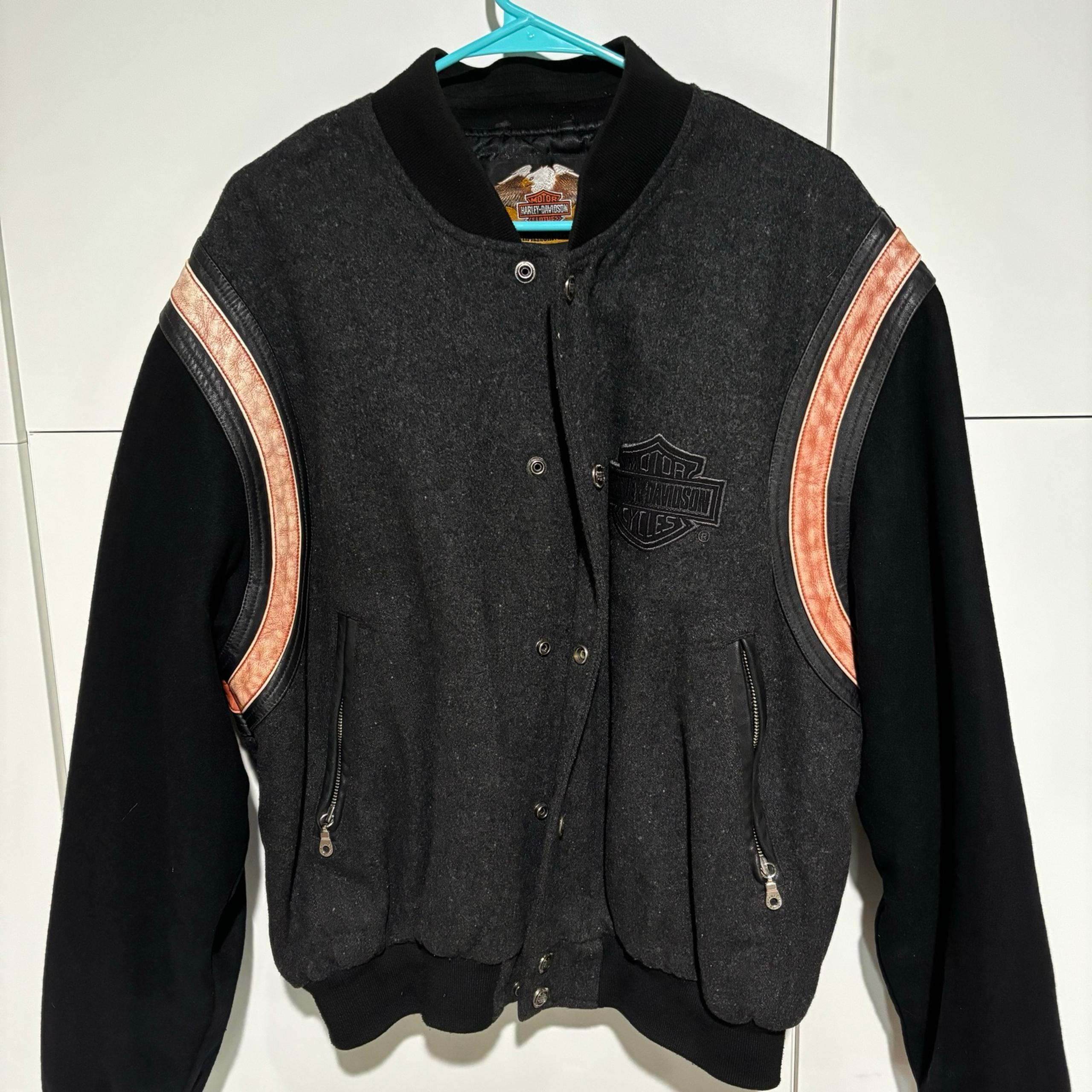 Vintage Mens Harley Davidson Motorcycles Wool Leather Coat Bomber Jacket Large