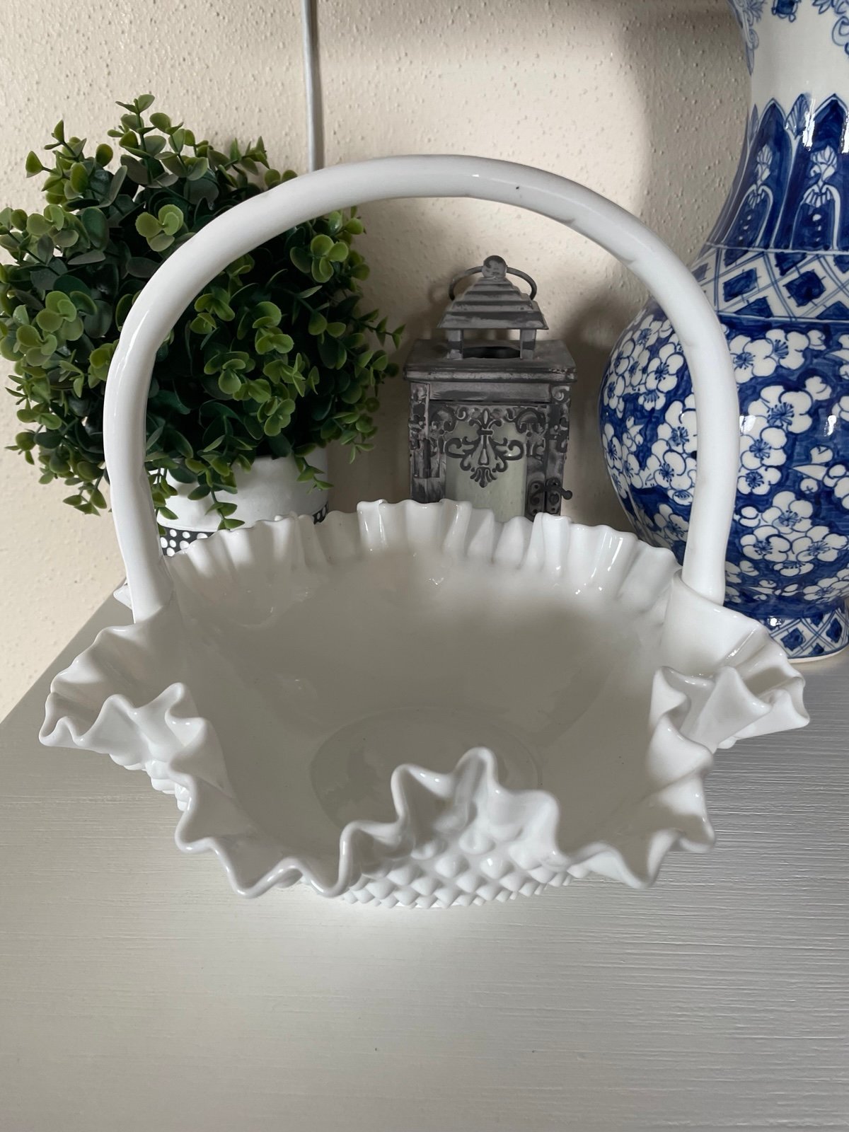 Vintage Fenton Ruffled Hobnail Milk Glass Handled Basket Fruit Bowl 11 3/4 x10