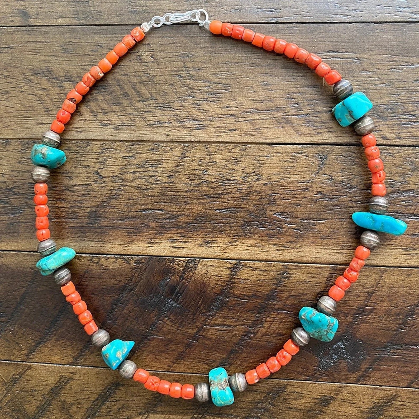 Red Coral, Turquoise and Metal Beads Necklace 18 Jewelry with Sterling Silver