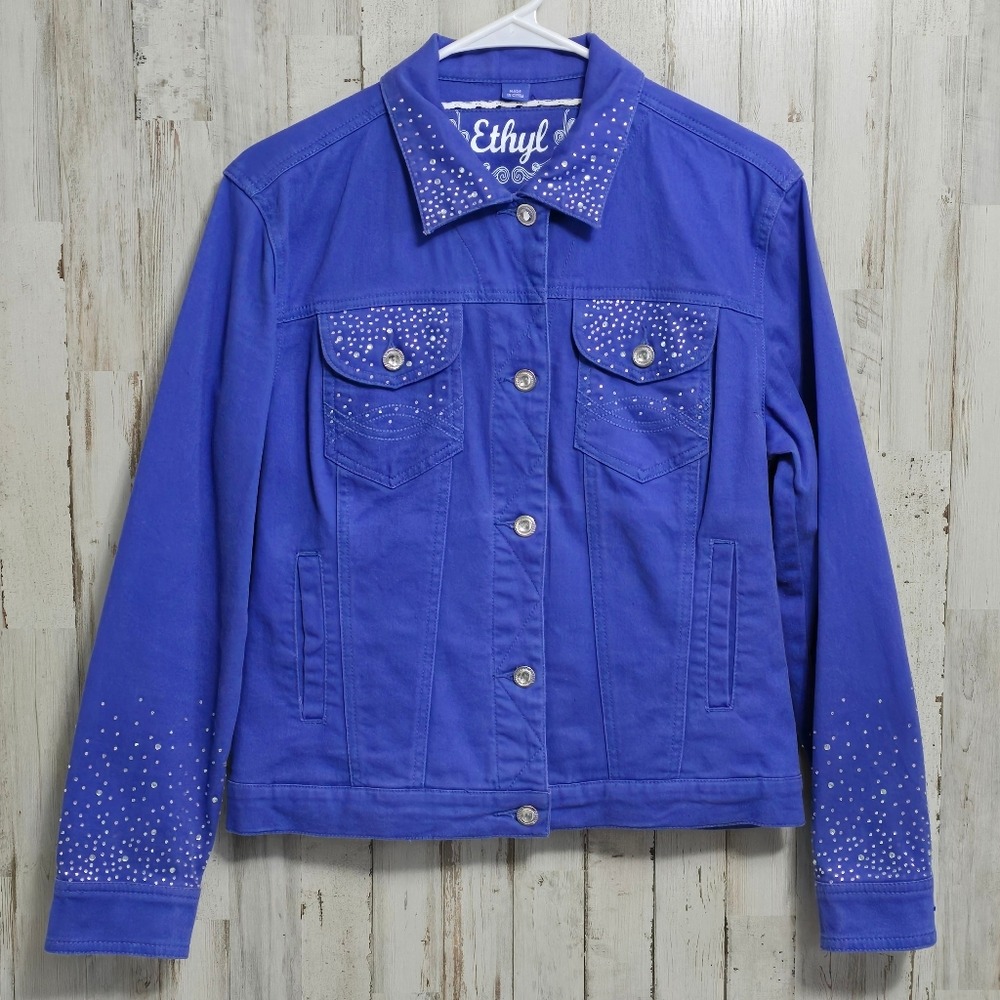Ethyl Vintage Denim Rhinestone Bling Long Sleeve Western Jean Jacket Size Small