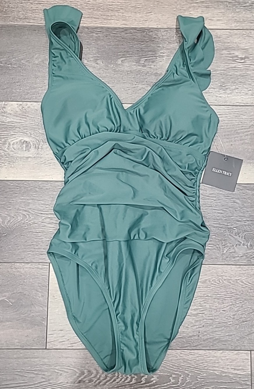 Ellen Tracy Women's Size 12 Flutter Sleeve Dark Sage One-Piece Swimsuit NWT