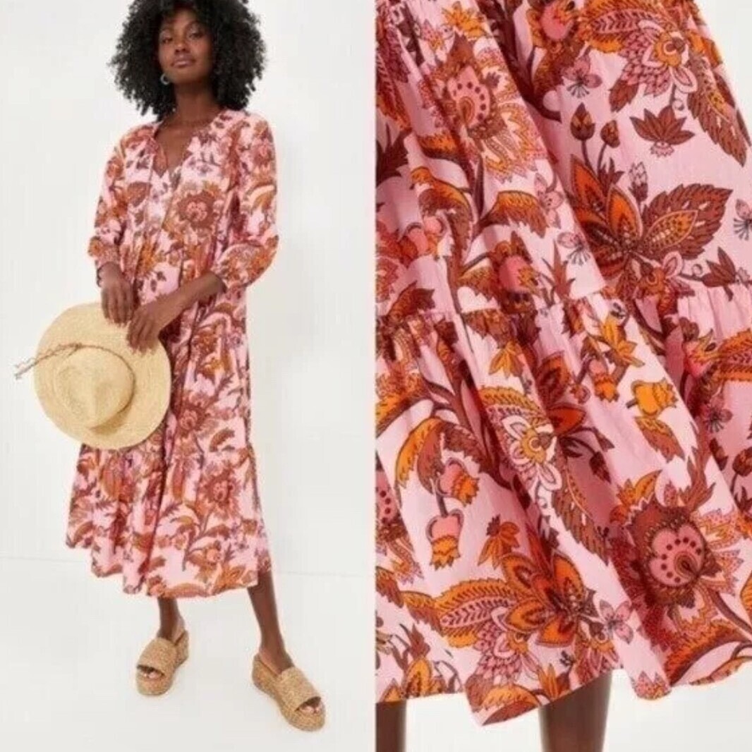 TUCKERNUCK Sunset Chintz Salty Paloma Pink Paisley Maxi Dress Caftan Sz X-Small