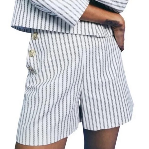 ZARA Nautical Striped High Waisted Gold Metallic Button Bermuda Shorts SZ M NWT