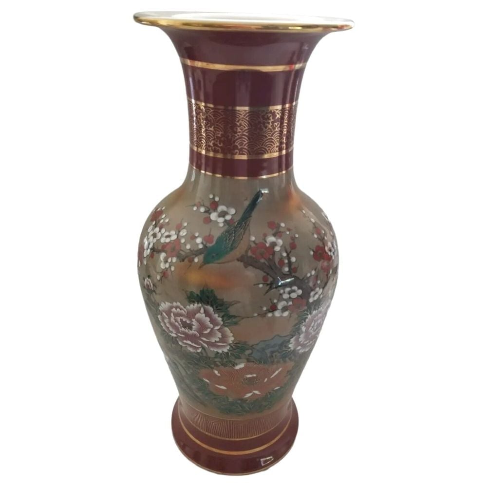 Japanese Ceramic Flower Vase Kutani Ware Vase Birds Floral Crackle Toyo Vintage
