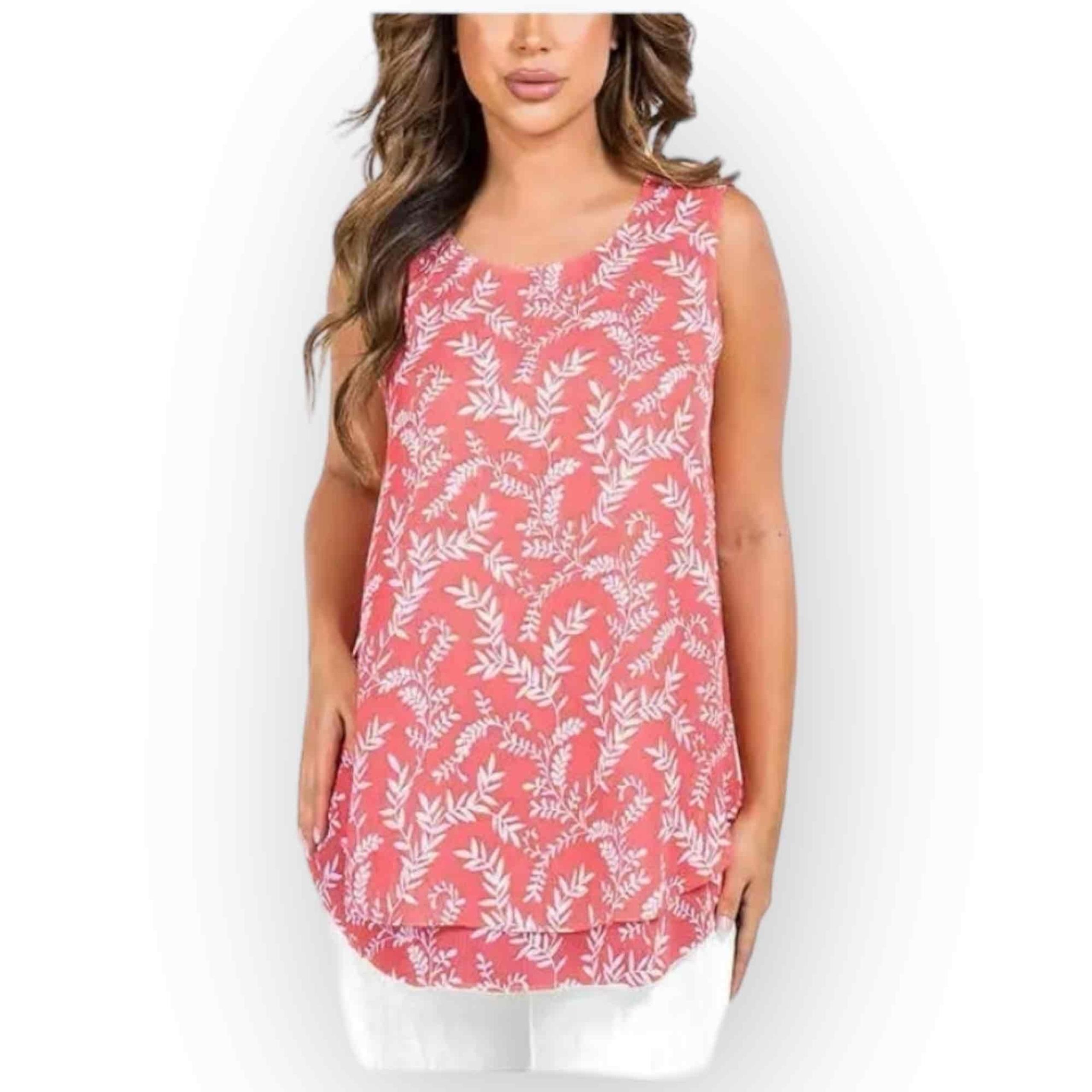 NWT Cristina B Double Layer Sleeveless Tunic Top – Pink/White Leaf Print Large