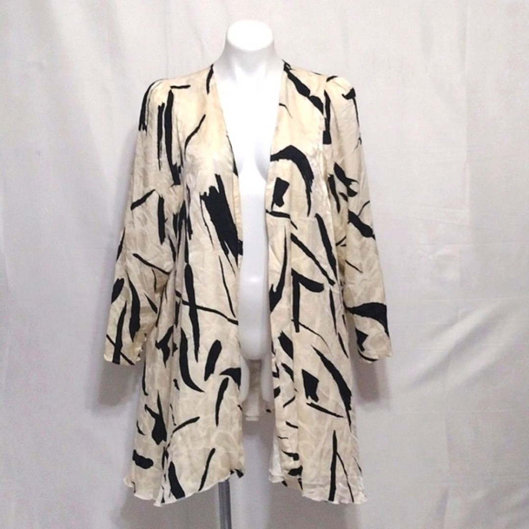 Lillie Rubin Vintage 70s Brush Print Silk Relaxed Open Front Flowy Coat Size 10