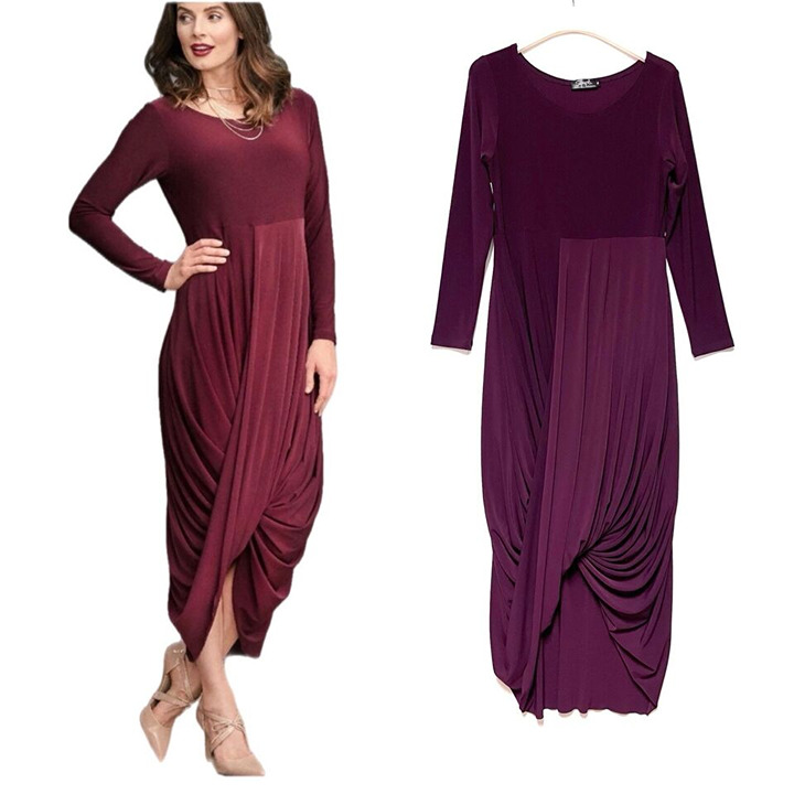 Sympli Swag Party Evening Jersey Draped Ruched Dress Long Sleeve Burgundy Sz.10