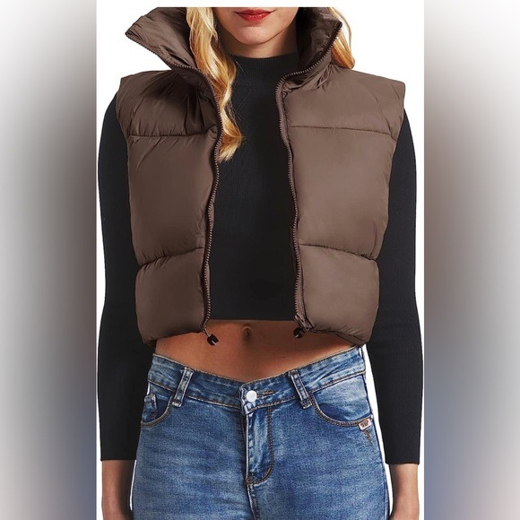 Women Puffer vest Crop Jackets Lightweight Outwear winter vest full zip up Brown