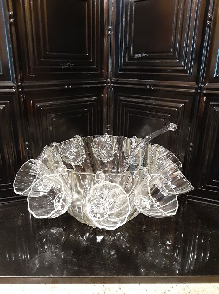 Hazel-Atlas Colonial Swirl Shell Punch Bowl Set with Glass Ladel Set of 12