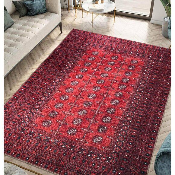 3x5 Machine Washable Non-Slip Low Pile Rug for Home or Room Decor - Red/Burgundy