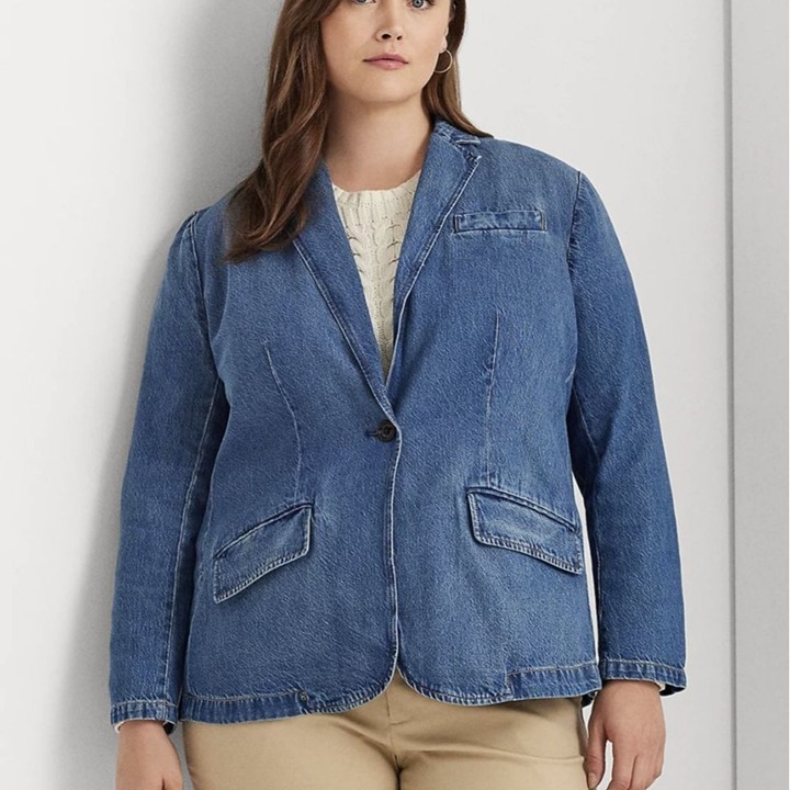 Lauren Ralph Lauren Plus Size One-Button Denim Blazer City Blue Wash Y2K 20W NWT