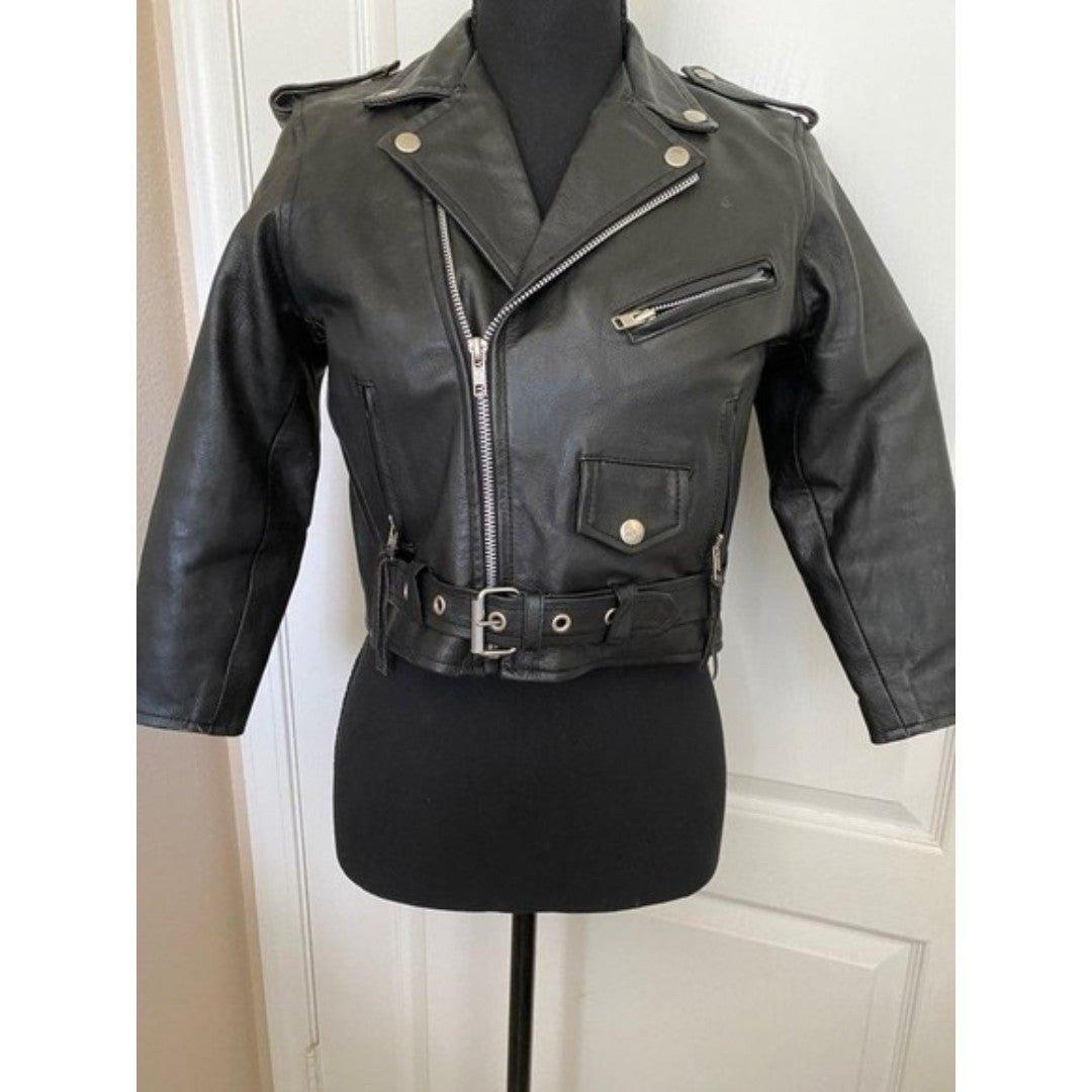 'BIKERS LEATHER STUFF ' BLACK Zippered, Studded Leather Jacket Girls/Tween (L)
