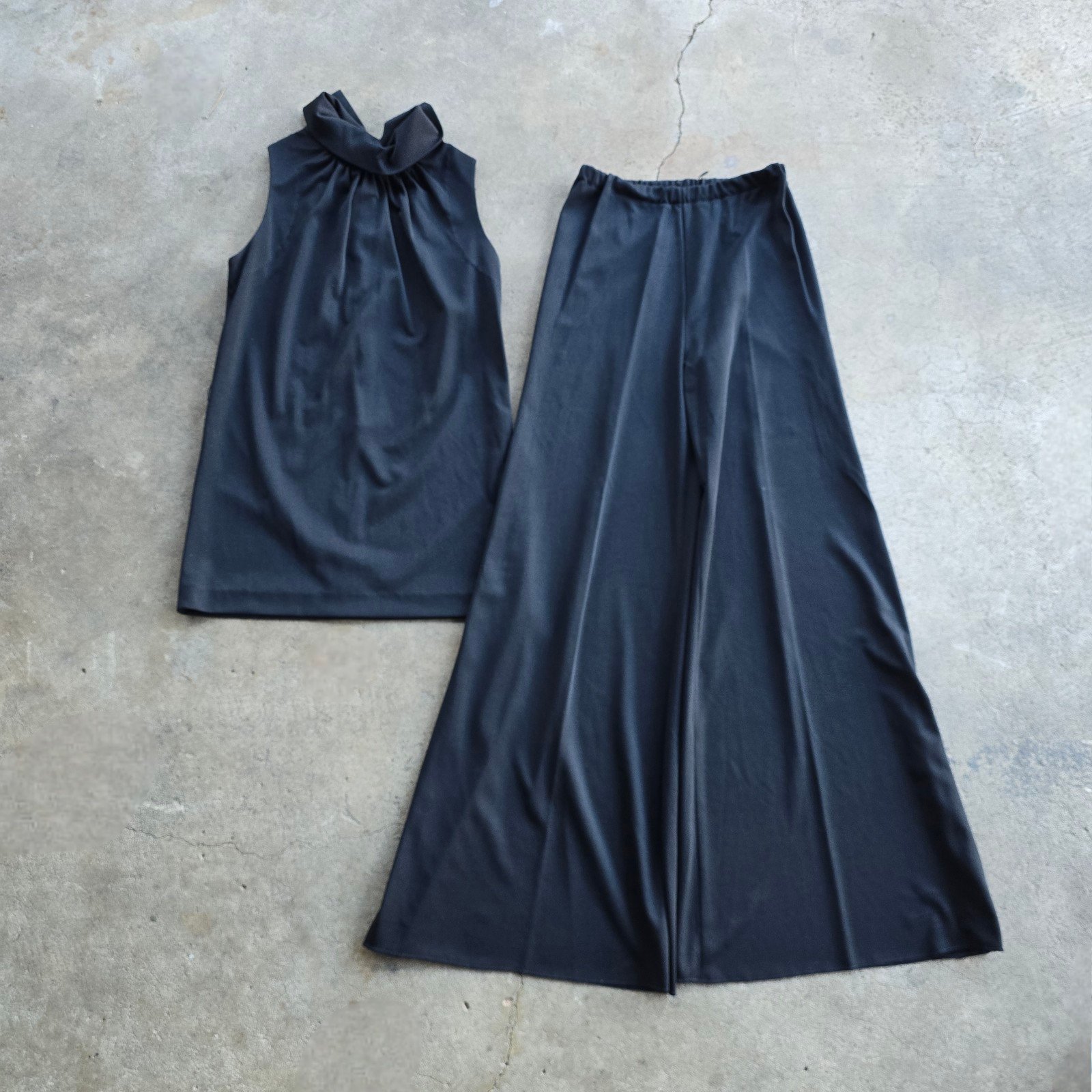 Vintage 70s Nardis of Dallas Black Shift Mod Bellbottom Wide Leg Pant Suit Set 8